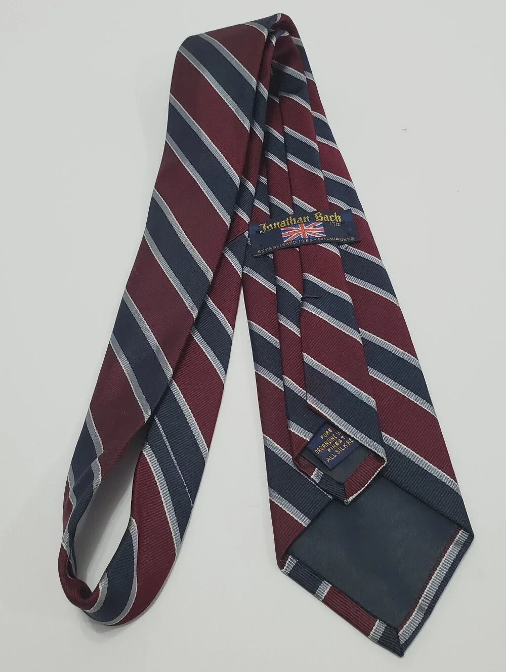 Jonathan Bach Men's Silk Neck Tie Maroon & Blue Stripe Pattern 55x3